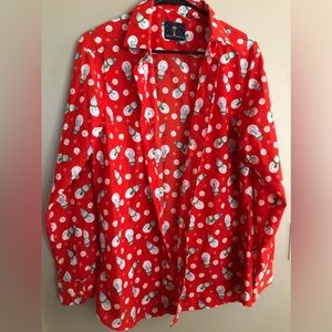 NWOT  SIMON BANK Christmas Red Snowman Button Down Shirt  Size M